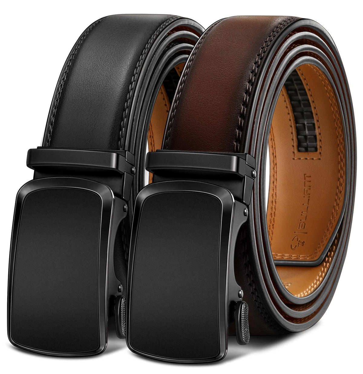 BULLIANT Men's Ratchet Leather Belt Trimmable 2Pack 1 3/8"-Gift Boxed