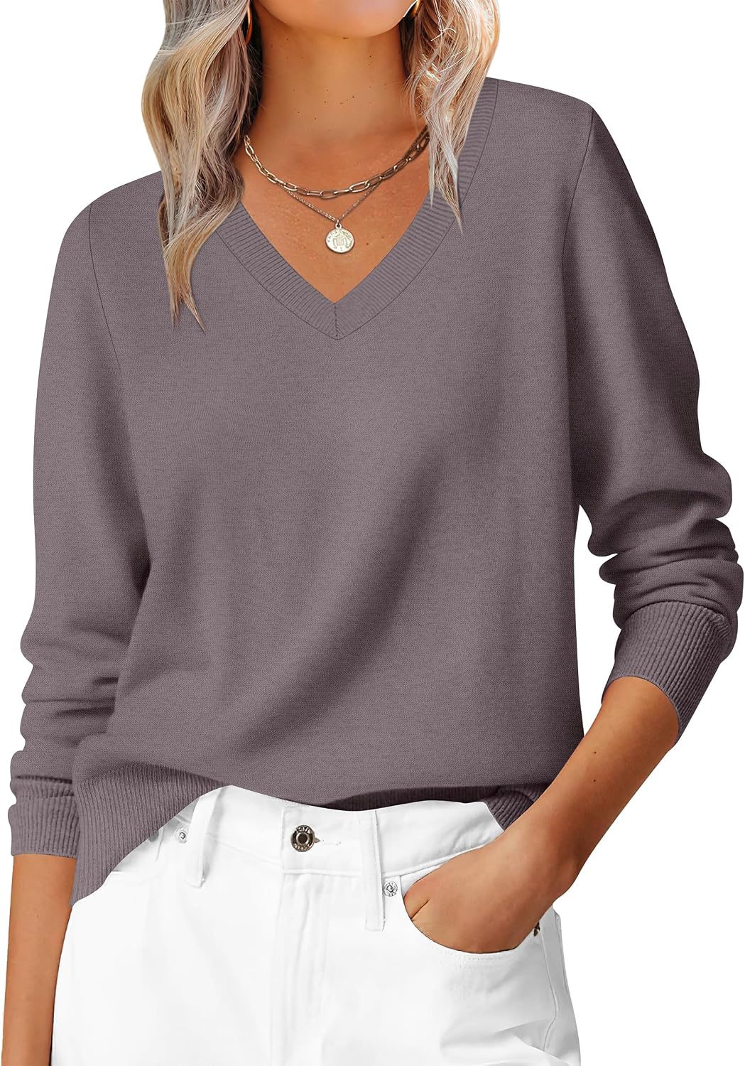 ANRABESS Women’s Fall Long Sleeve V Neck Lightweight Sweaters Top