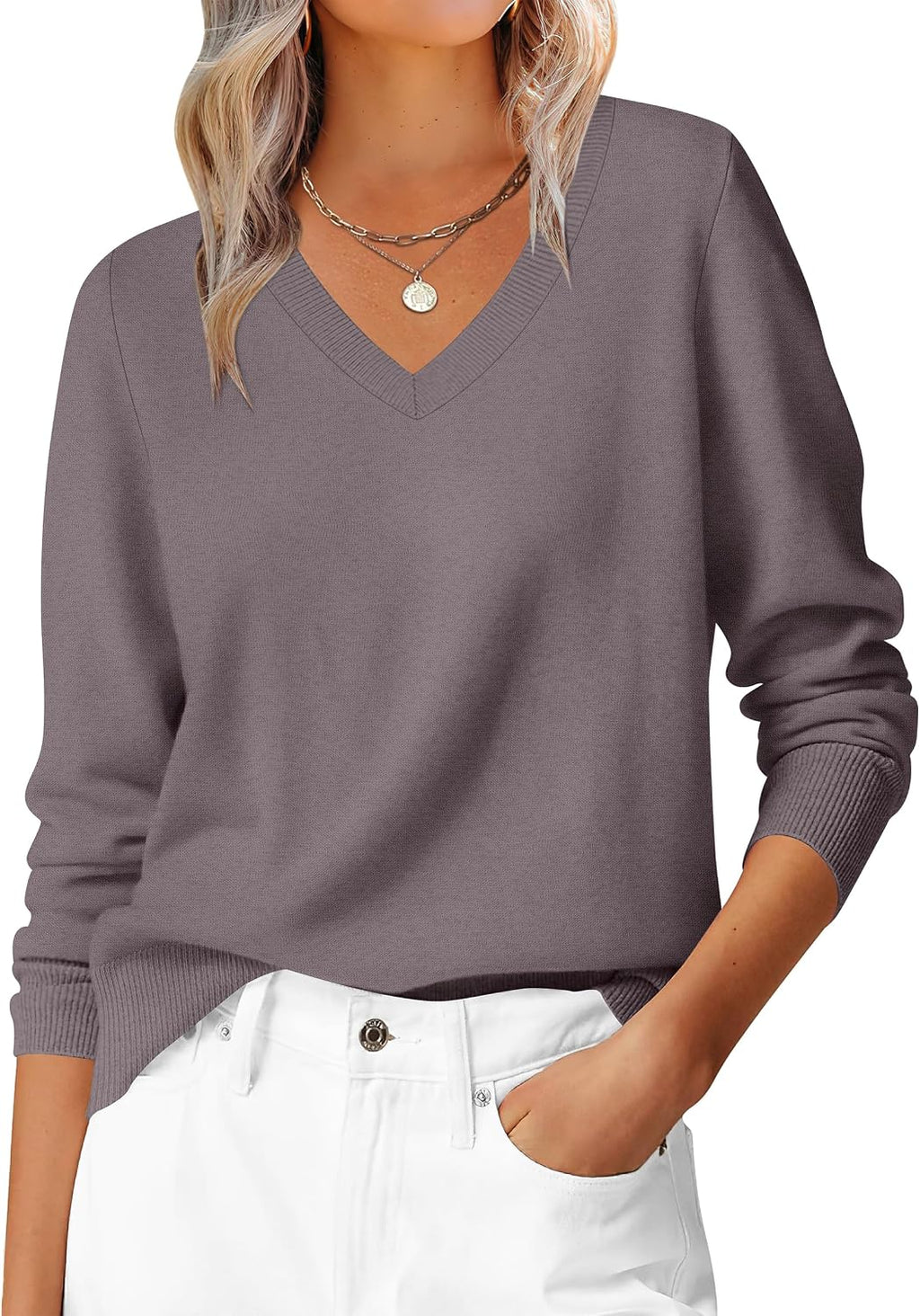 ANRABESS Women’s Fall Long Sleeve V Neck Lightweight Sweaters Top