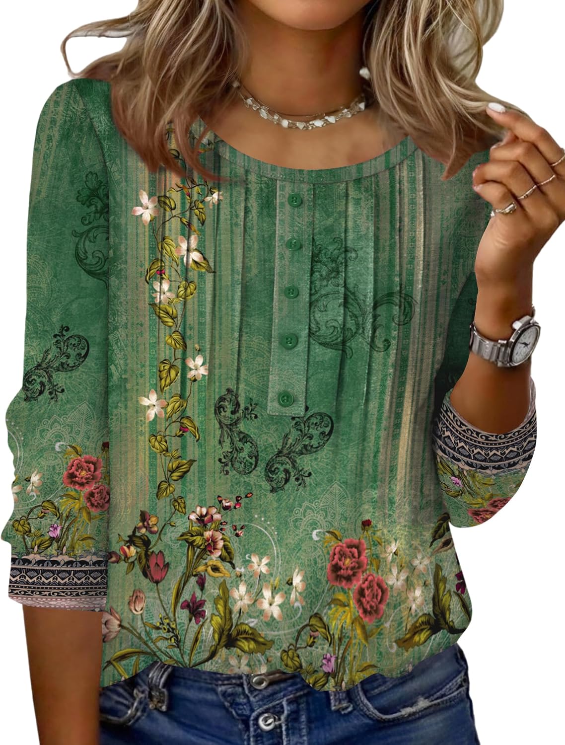 Zeagoo 3/4 Length Sleeve Womens Tops Round Neck Casual Summer Tunic Tops Basic Tees Blouses Dressy T-Shirts Pleated Shirts