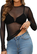 OFEEFAN Womens Mesh Tops Lace Long Sleeve Shirts Crewneck Slim Fitted Outfits See Through Blouses