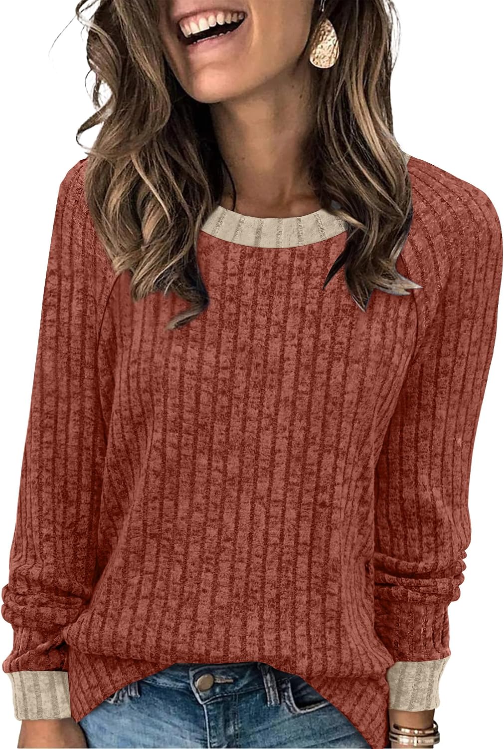 WIHOLL Long Sleeve Shirts for Women Lightweight Sweaters Fall Outfits 2026 Color Block Winter Clothing Dressy Casual Soft