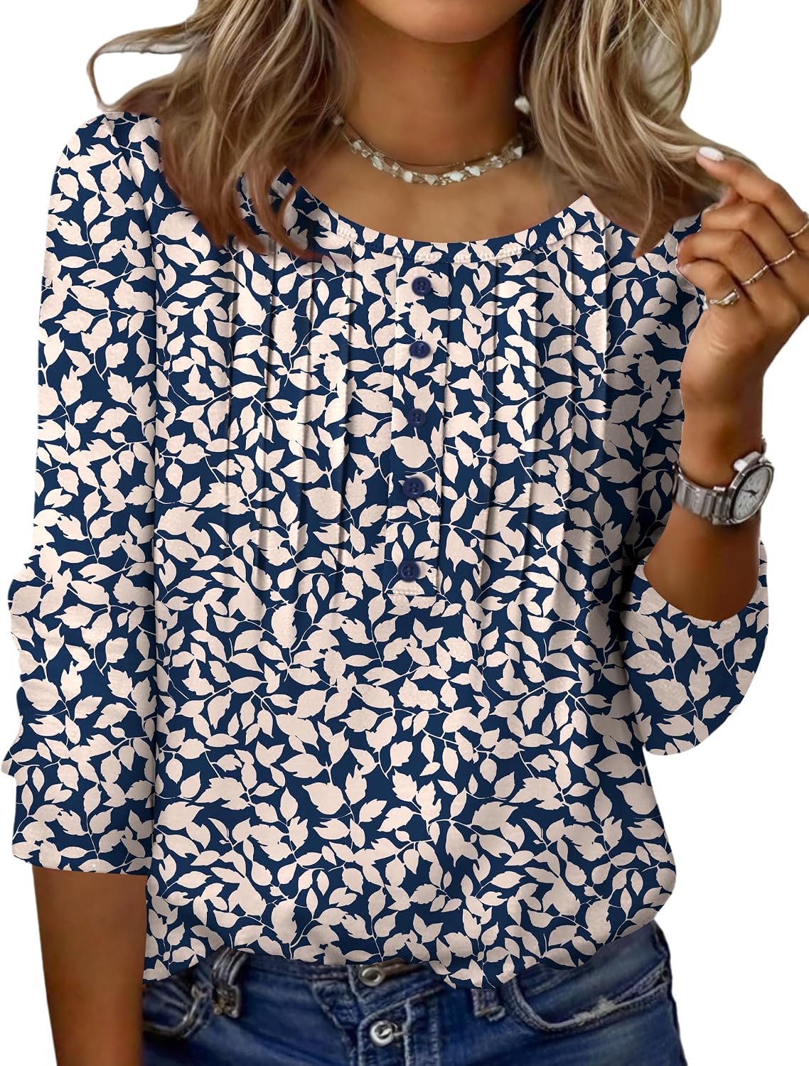 Zeagoo 3/4 Length Sleeve Womens Tops Round Neck Casual Summer Tunic Tops Basic Tees Blouses Dressy T-Shirts Pleated Shirts