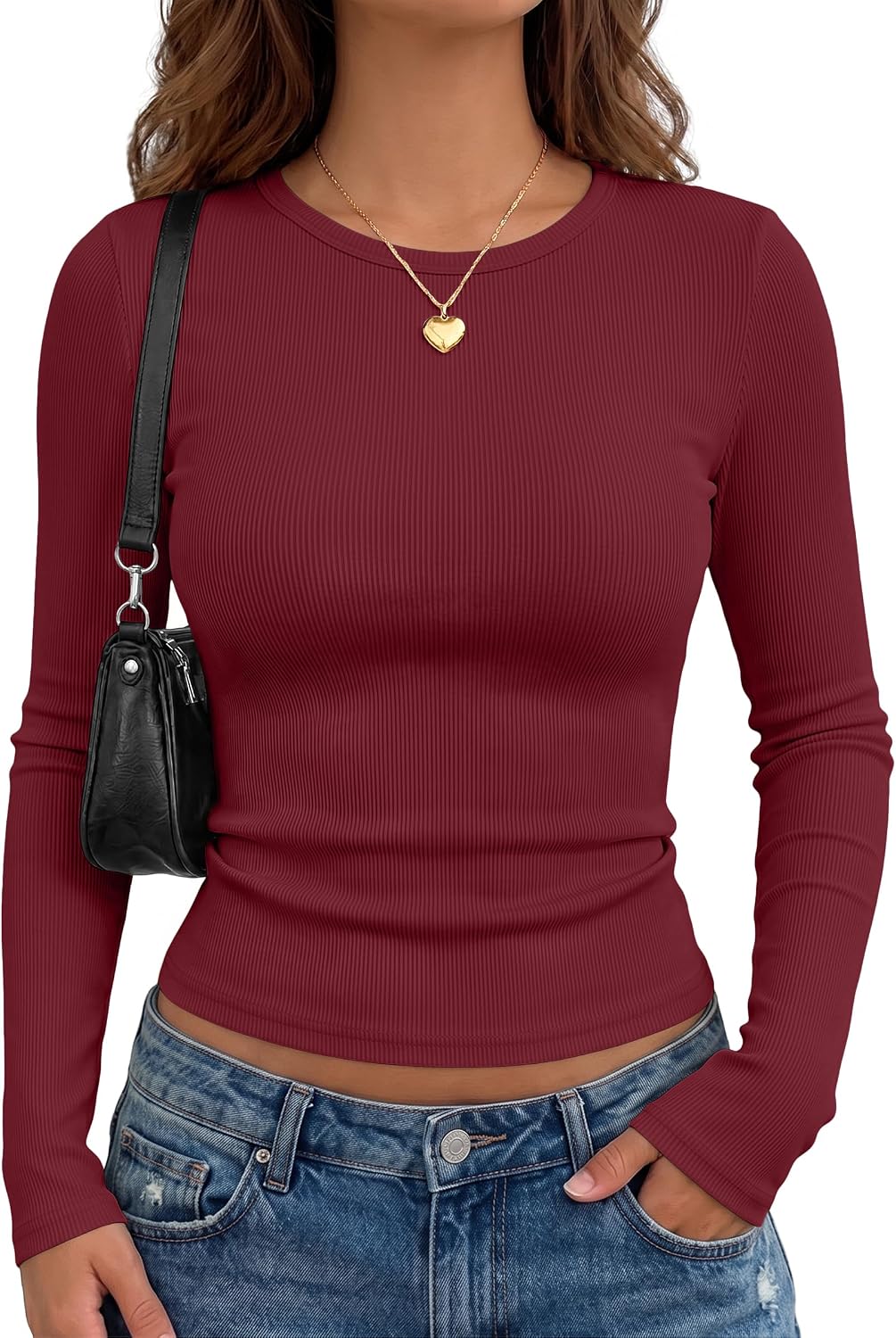 AUTOMET Women's Ribbed Long Sleeve Shirts Basic Top For Fall Work & Casual