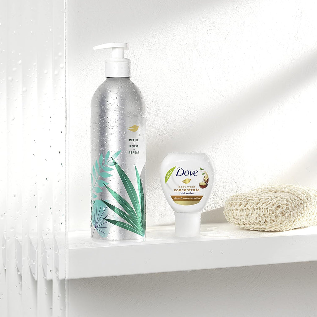 Dove Body Wash Aluminum Reusable Bottle and Concentrate Refill (2x) Starter Kit for Instantly Soft Skin Shea and Warm Vanilla for Skin Care and Lasting Nourishment 4oz (makes 16oz)