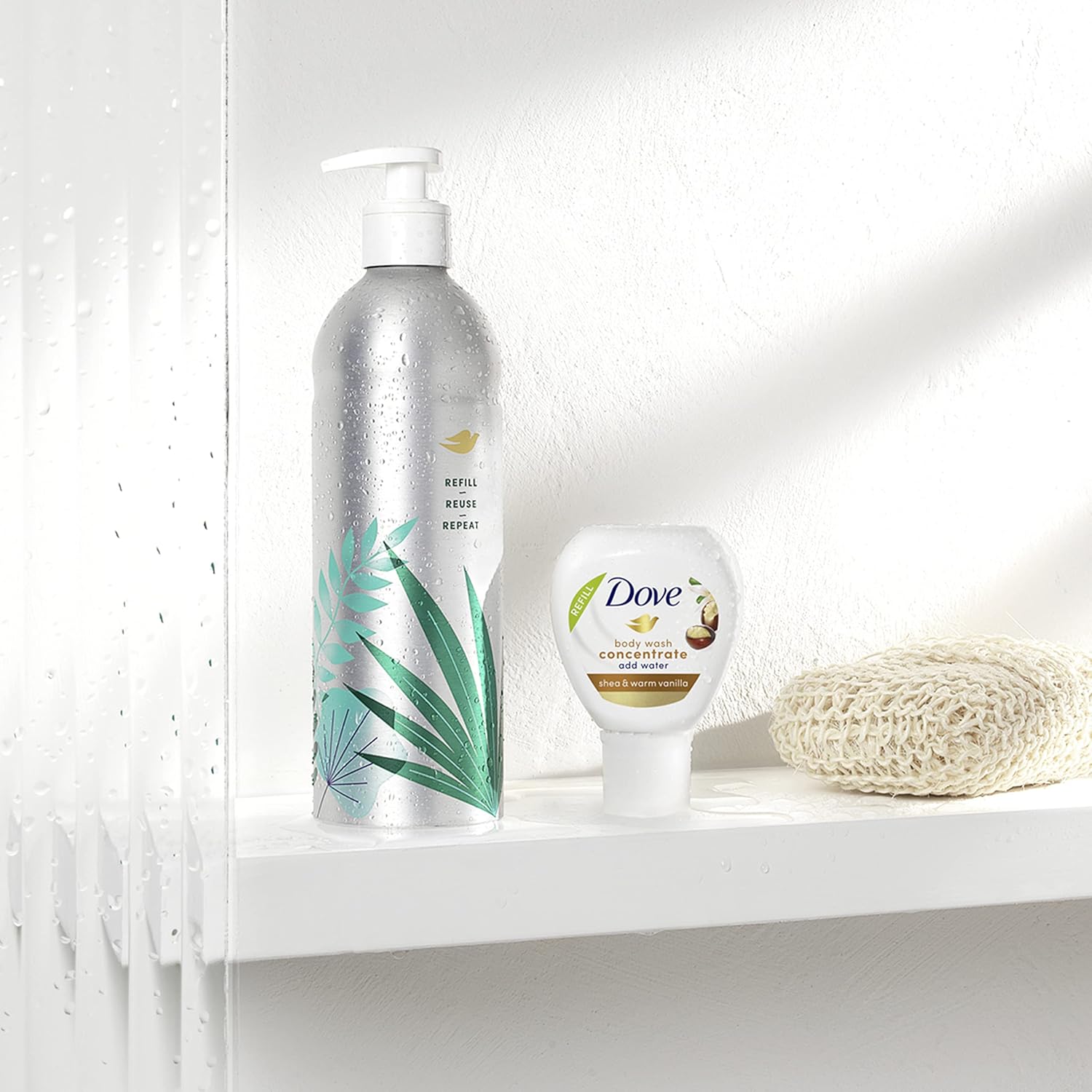 Dove Body Wash Aluminum Reusable Bottle and Concentrate Refill (2x) Starter Kit for Instantly Soft Skin Shea and Warm Vanilla for Skin Care and Lasting Nourishment 4oz (makes 16oz)