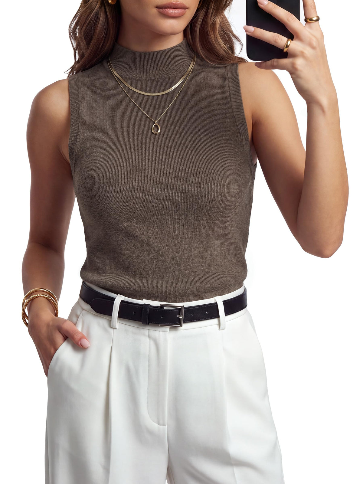 Arach&Cloz Women's Wool Blend Mock Neck Fall Business Casual Sweater Tank