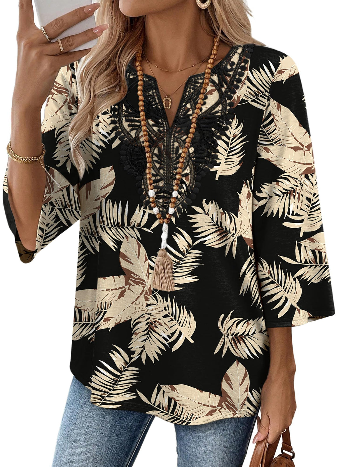 WIHOLL 3/4 Length Sleeve Womens Tops Boho V Neck Lace Shirt Trendy Blouses Dressy Casual Vacation Clothes S-3XL