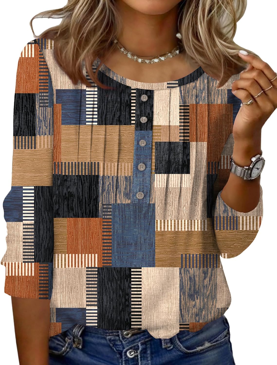 Zeagoo 3/4 Length Sleeve Womens Tops Round Neck Casual Summer Tunic Tops Basic Tees Blouses Dressy T-Shirts Pleated Shirts
