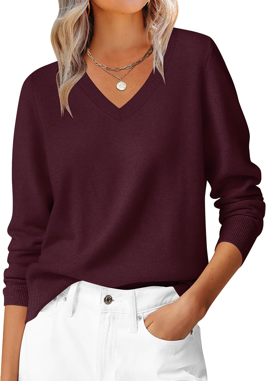 ANRABESS Women’s Fall Long Sleeve V Neck Lightweight Sweaters Top