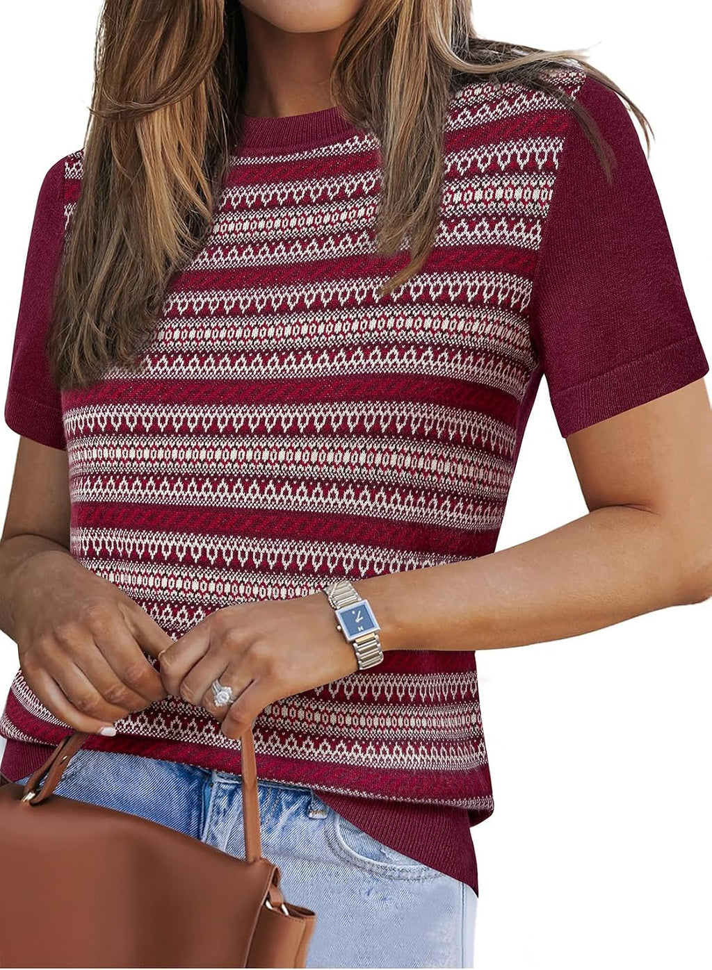 Arach&Cloz Women's Wool Blend Short Sleeve Sweater Business Casual Tops