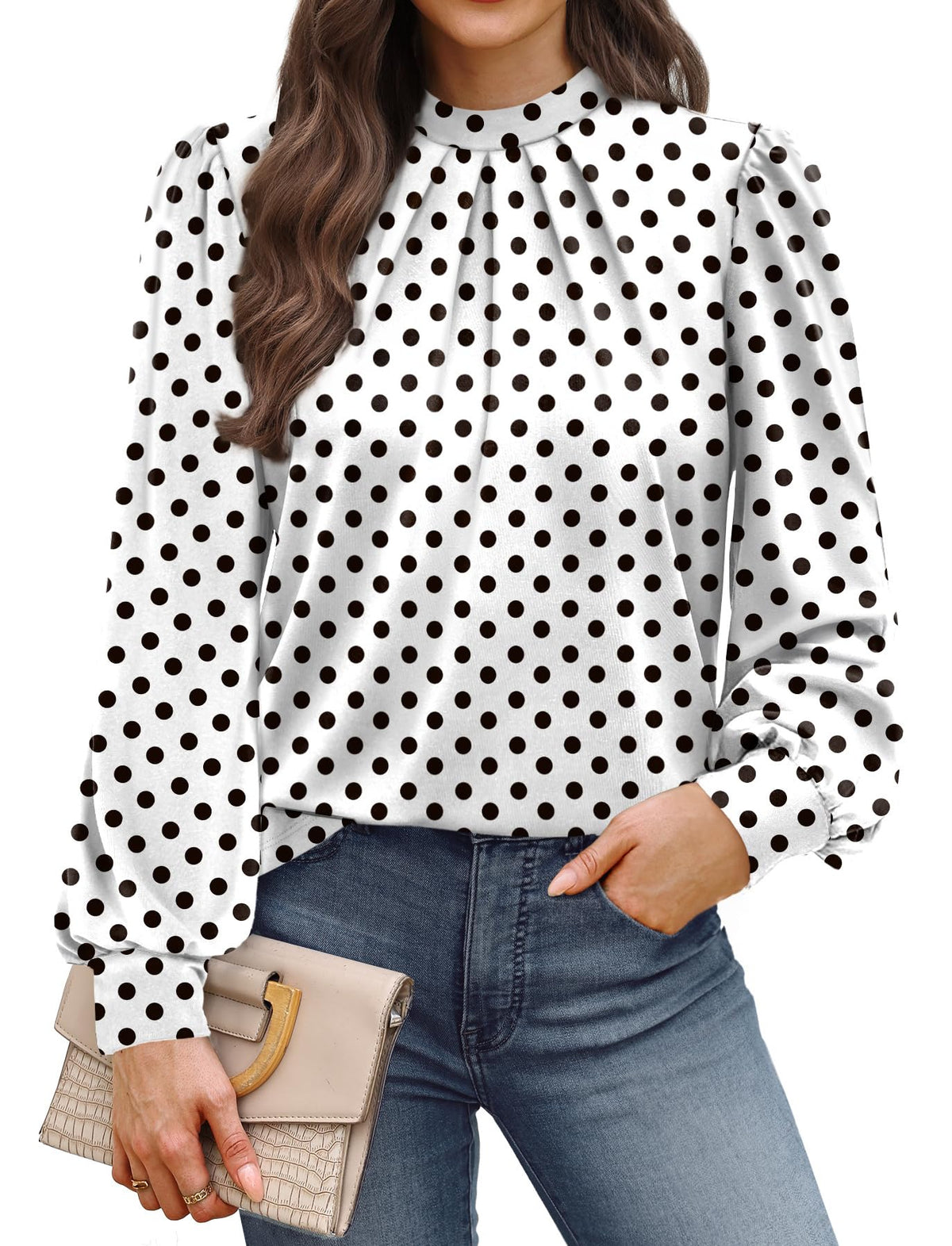 WIHOLL Long Sleeve Shirts for Women Mock Neck Tops Pleated Front Blouses Dressy Casual Spring Fall Clothes 2026 Fashion