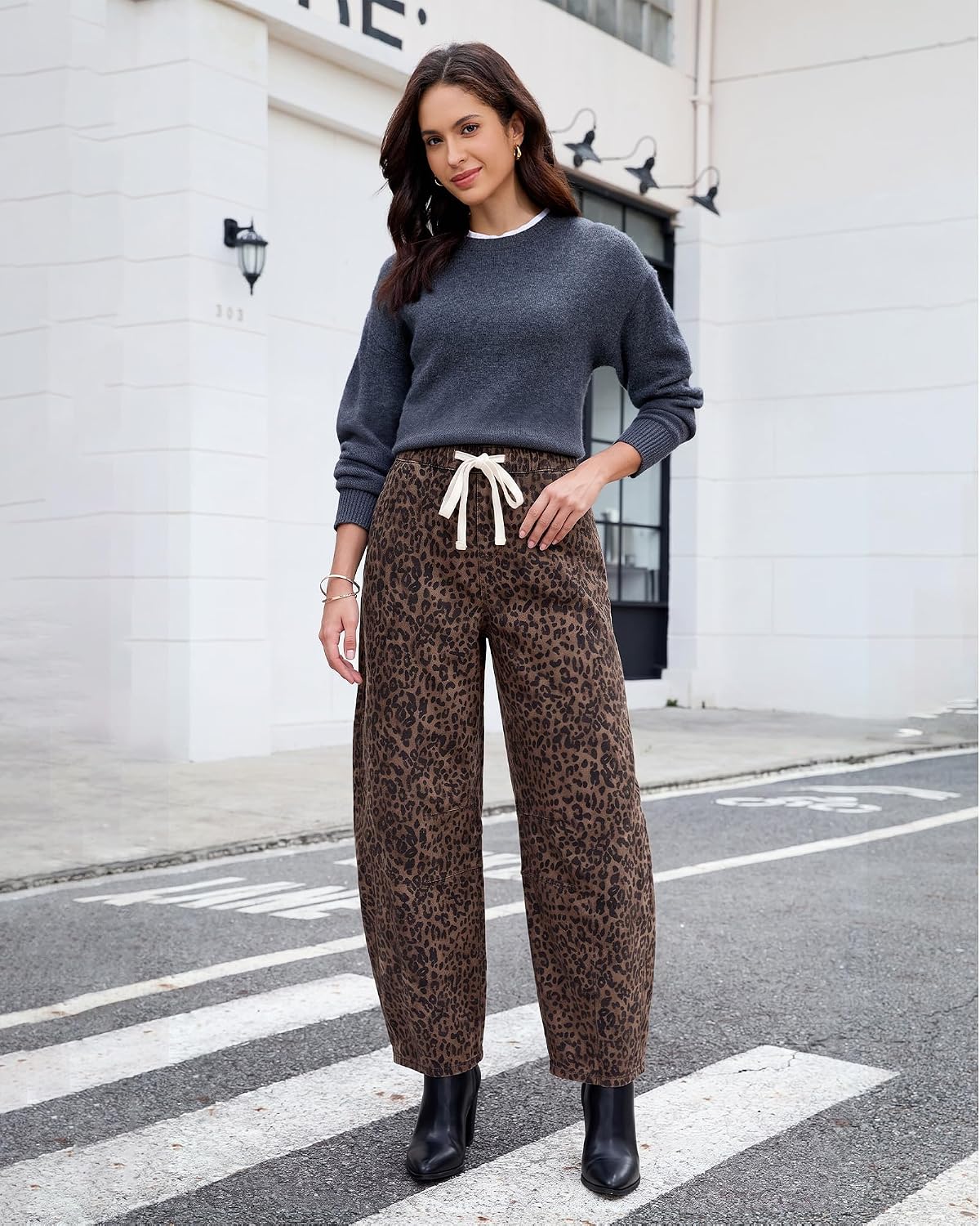 GRAPENT Barrel Jeans for Women Trendy High Waisted Pull On Wide Leg Cropped Leopard Cheetah Print Stretchy Denim Pants