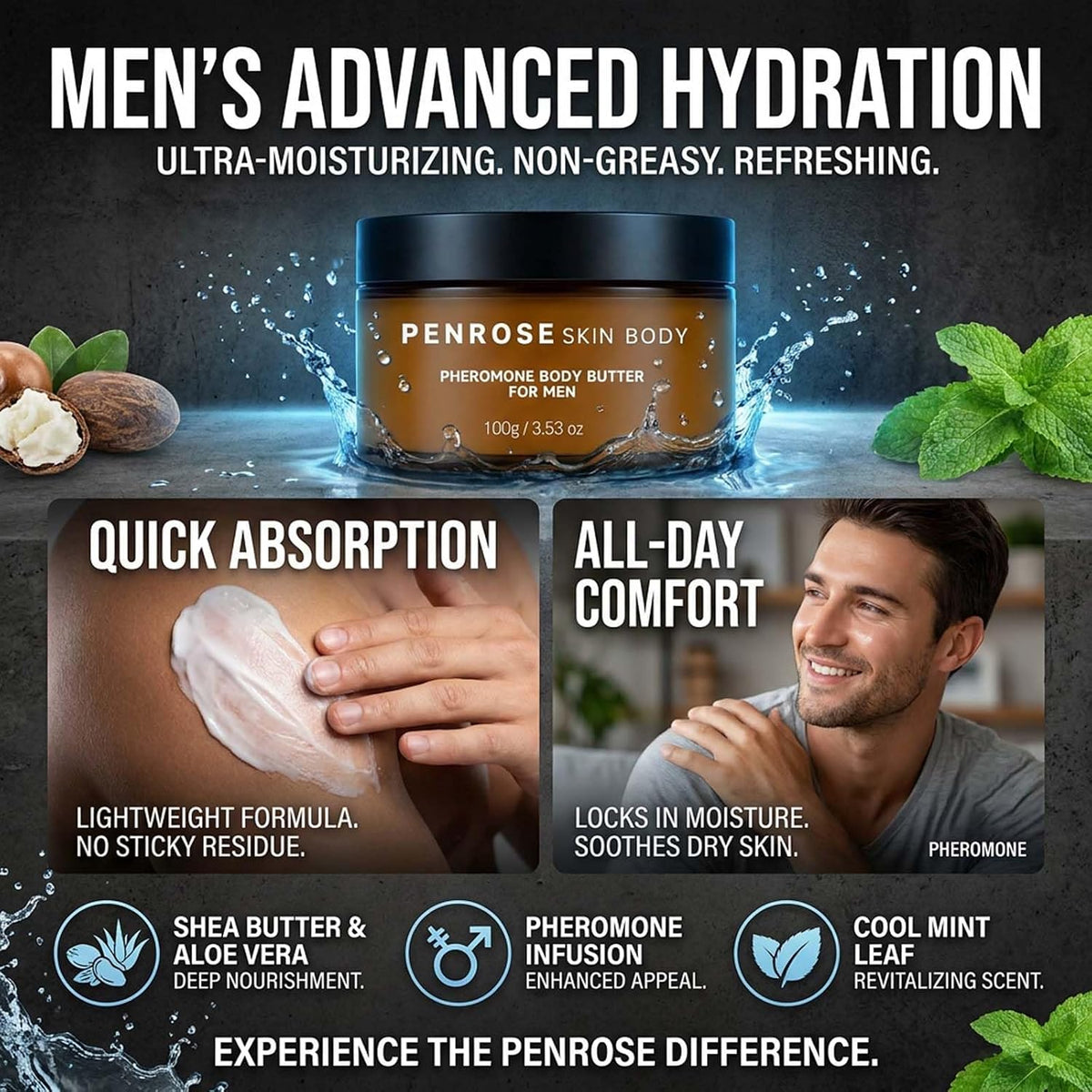 Skin Body Butter for Men, Moisturizing Body Cream,Non-greasy Body Butter