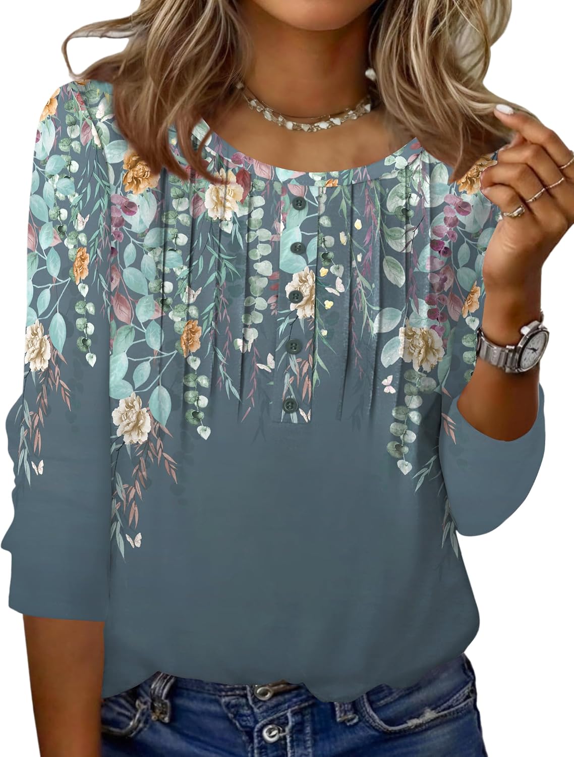 Zeagoo 3/4 Length Sleeve Womens Tops Round Neck Casual Summer Tunic Tops Basic Tees Blouses Dressy T-Shirts Pleated Shirts
