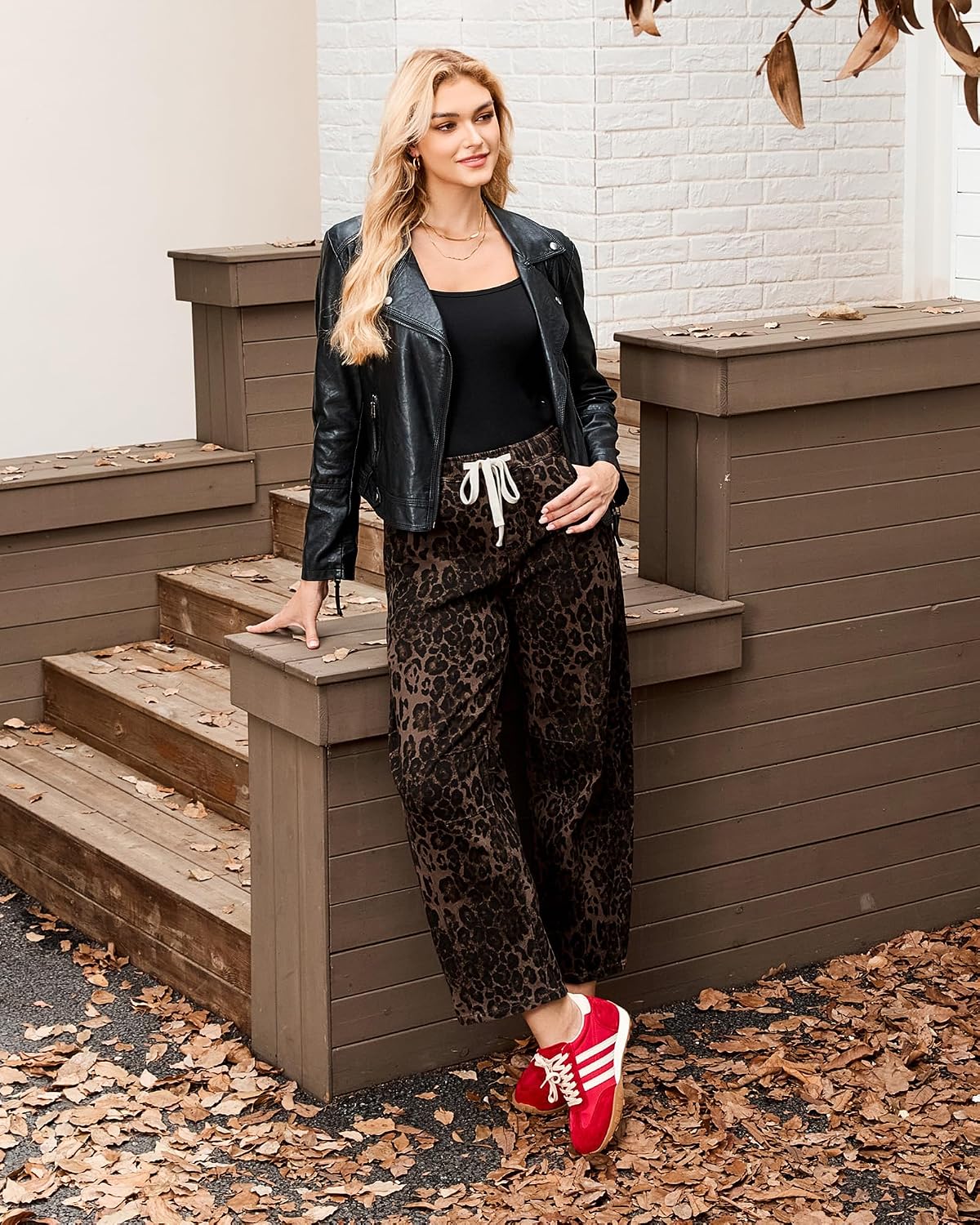 GRAPENT Barrel Jeans for Women Trendy High Waisted Pull On Wide Leg Cropped Leopard Cheetah Print Stretchy Denim Pants