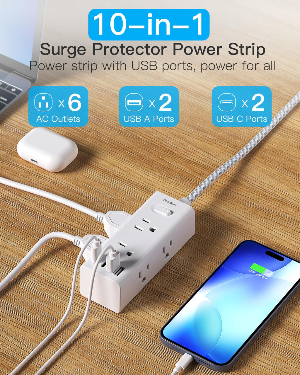 Surge Protector Power Strip 10Ft Long Extension Cord with Multiple Outlets