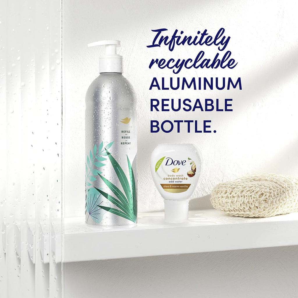 Dove Body Wash Aluminum Reusable Bottle and Concentrate Refill (2x) Starter Kit for Instantly Soft Skin Shea and Warm Vanilla for Skin Care and Lasting Nourishment 4oz (makes 16oz)