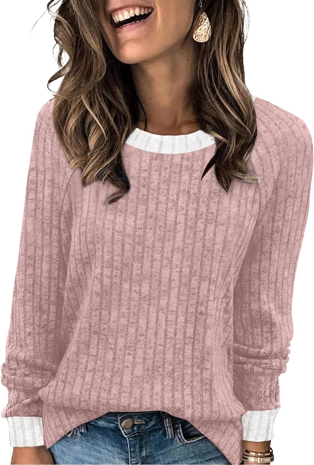 WIHOLL Long Sleeve Shirts for Women Lightweight Sweaters Fall Outfits 2026 Color Block Winter Clothing Dressy Casual Soft