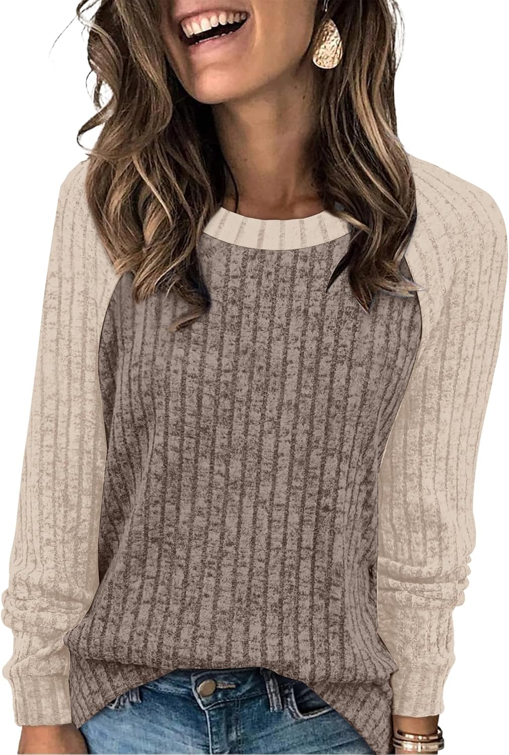 WIHOLL Long Sleeve Shirts for Women Lightweight Sweaters Fall Outfits 2026 Color Block Winter Clothing Dressy Casual Soft