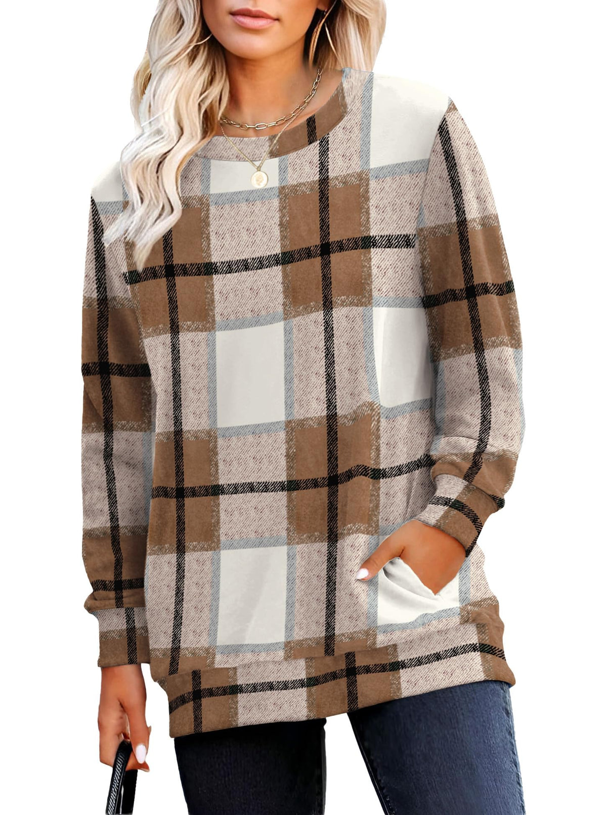 RUMIA Crewneck Fall Sweatshirt for Women Plain Long Sleeve Top with Pocket