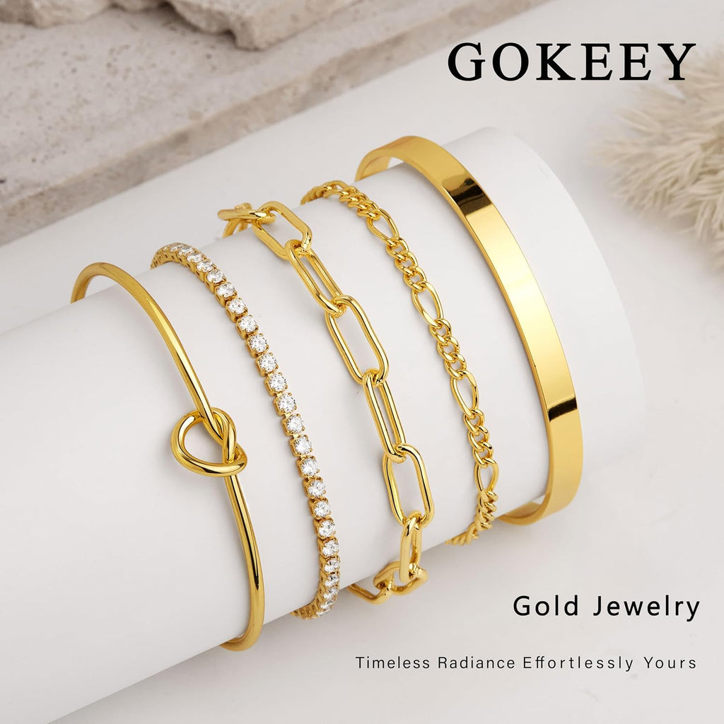 Gokeey Gold Bracelets Set for Women Non Tarnish, Waterproof 14K Gold Plated Sterling Silver Chunky Cuff Bracelet Stackable Gold Bangles Bracelet for Women Trendy Fashion Accessories Tie Knot Cuban Rope Paperclip Beaded Bracelet Stack Jewelry Mothers Day G