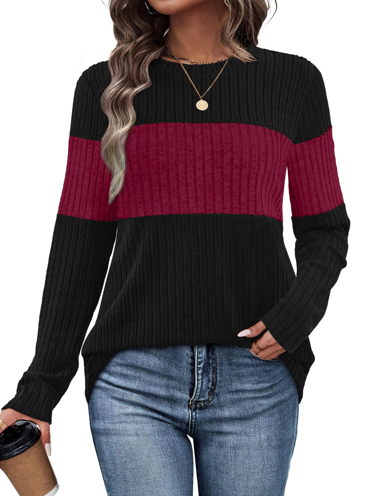 WIHOLL Womens Sweaters Trendy Color Block Tops Long Sleeve Shirts Fall Outfits Early Fall Fashion 2026 Winter Clothing