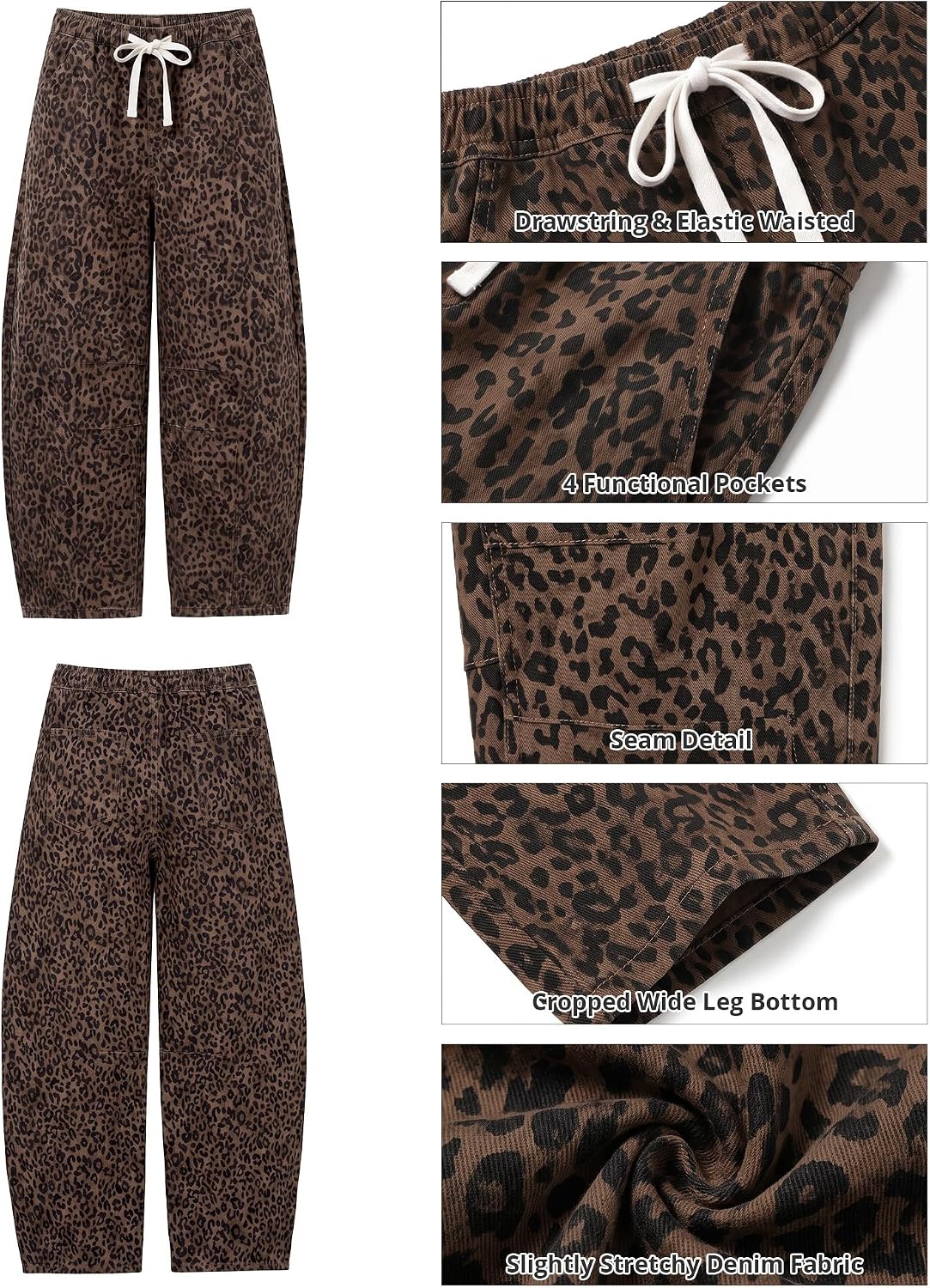 GRAPENT Barrel Jeans for Women Trendy High Waisted Pull On Wide Leg Cropped Leopard Cheetah Print Stretchy Denim Pants