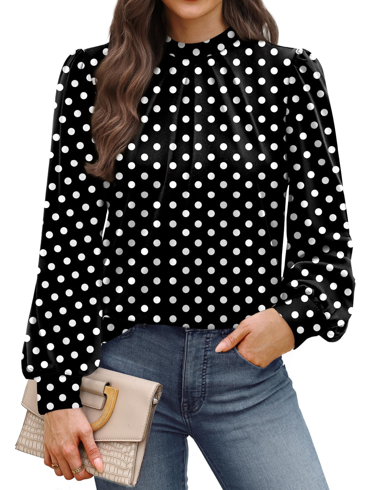 WIHOLL Long Sleeve Shirts for Women Mock Neck Tops Pleated Front Blouses Dressy Casual Spring Fall Clothes 2026 Fashion
