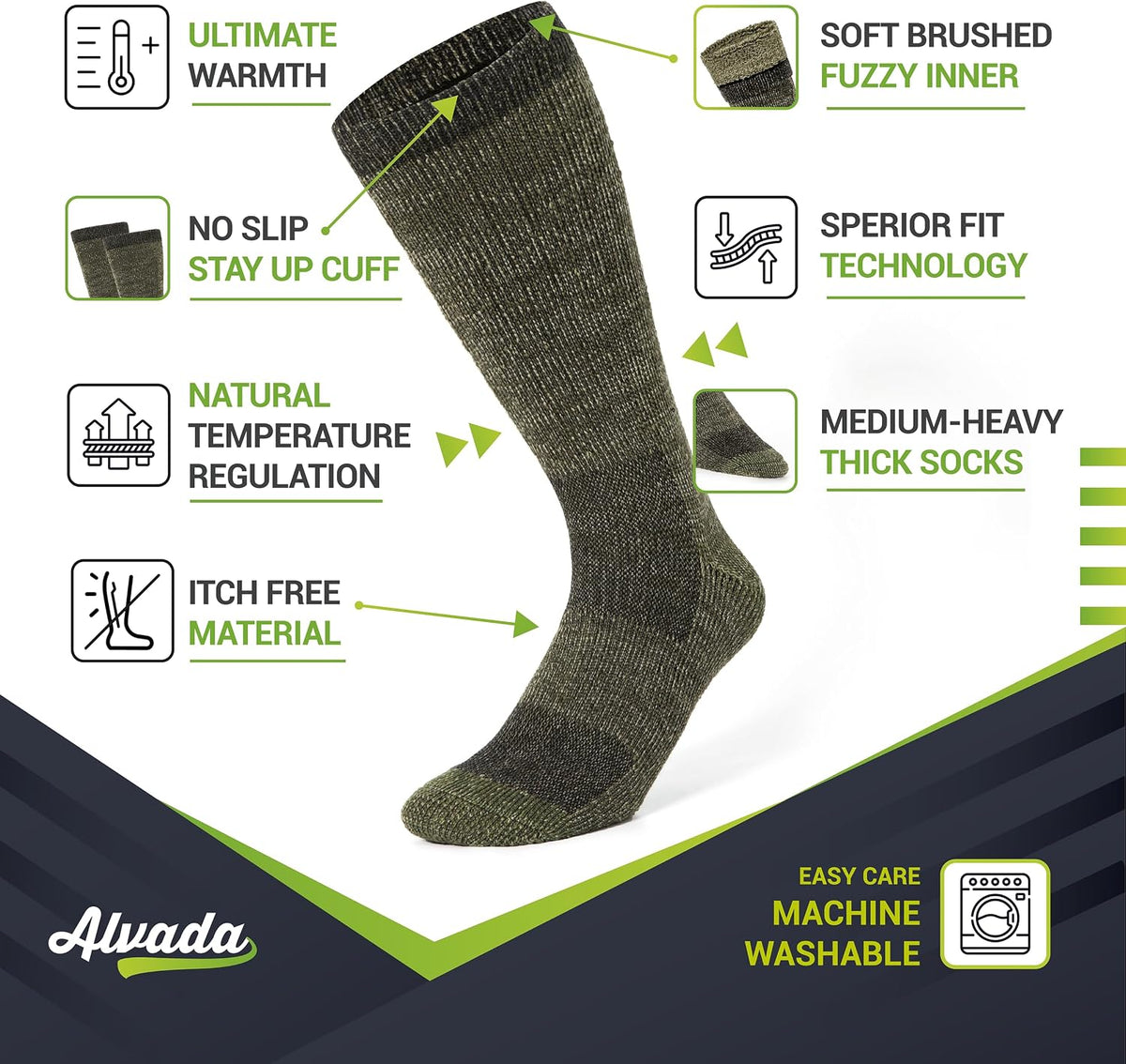 Alvada Mens Merino Wool Crew Socks Thermal and Warm Socks for Winter Work Hiking Running 3 Pairs