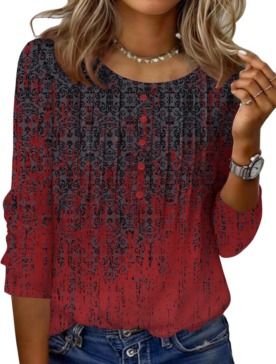 Zeagoo 3/4 Length Sleeve Womens Tops Round Neck Casual Summer Tunic Tops Basic Tees Blouses Dressy T-Shirts Pleated Shirts