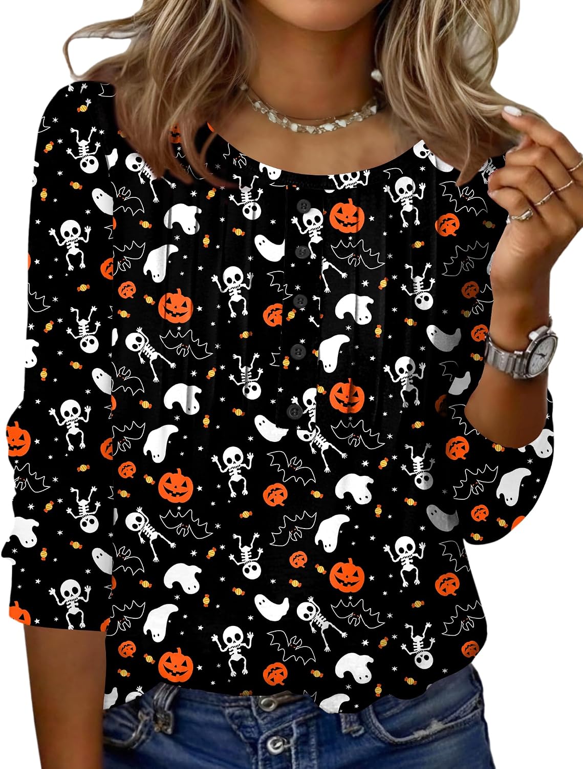 Zeagoo 3/4 Length Sleeve Womens Tops Round Neck Casual Summer Tunic Tops Basic Tees Blouses Dressy T-Shirts Pleated Shirts