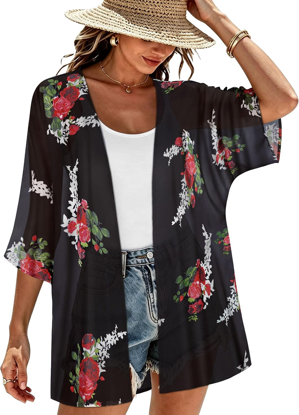 CHICGAL Womens Floral Kimono Cardigan Beach Cover Up Casual Summer Tops