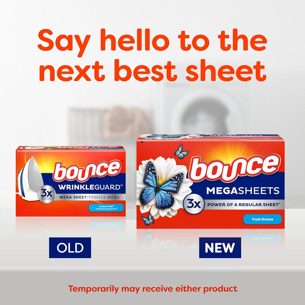 Bounce Mega Dryer Sheets, Fresh Breeze, 130 Count, Mega Fabric Softener Sheets with Static Control, Wrinkle Reduction, Extra Softness, Lasting Scent, Repels Lint