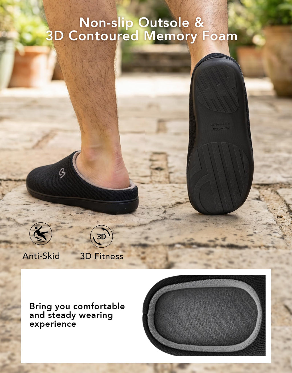 VeraCosy Men's Two-Tone House Slippers Memory Foam Indoor Rubber Sole