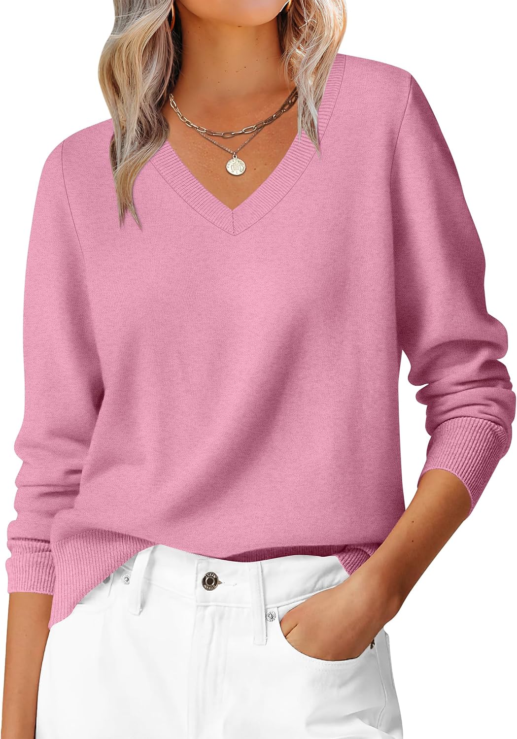 ANRABESS Women’s Fall Long Sleeve V Neck Lightweight Sweaters Top