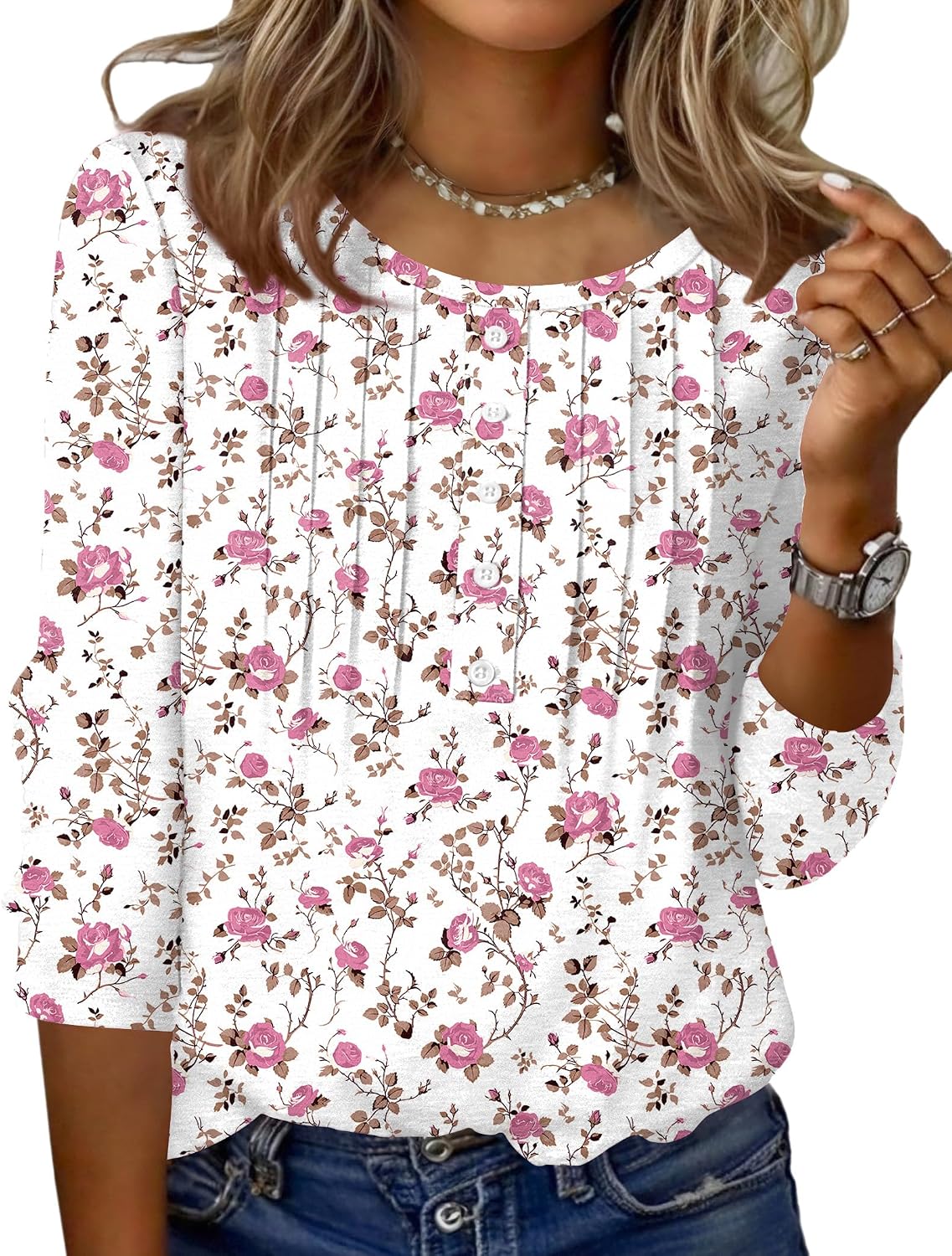 Zeagoo 3/4 Length Sleeve Womens Tops Round Neck Casual Summer Tunic Tops Basic Tees Blouses Dressy T-Shirts Pleated Shirts