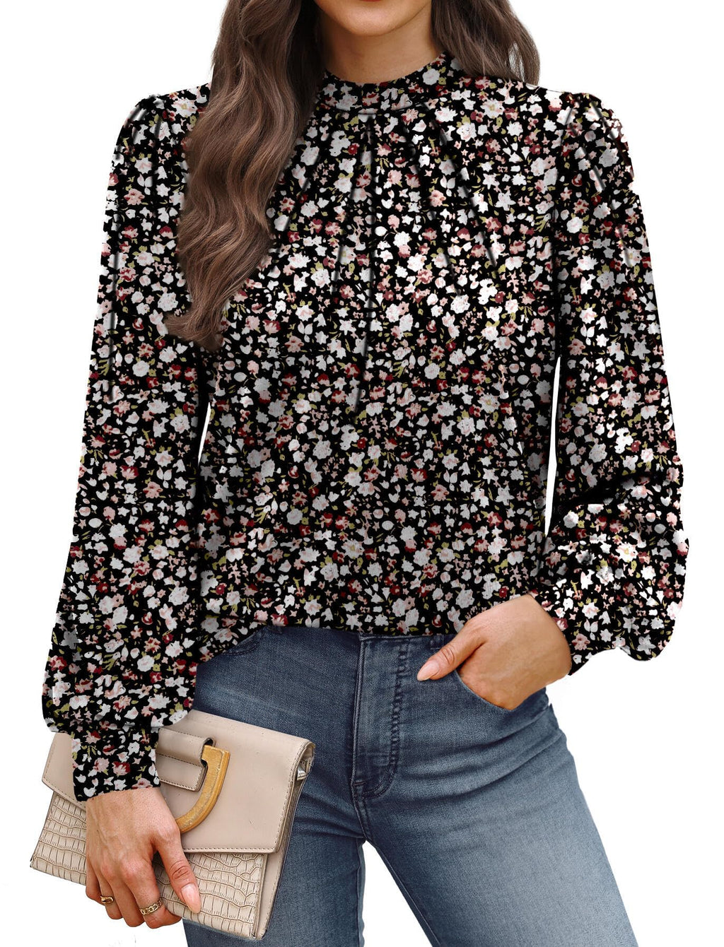 WIHOLL Long Sleeve Shirts for Women Mock Neck Tops Pleated Front Blouses Dressy Casual Spring Fall Clothes 2026 Fashion