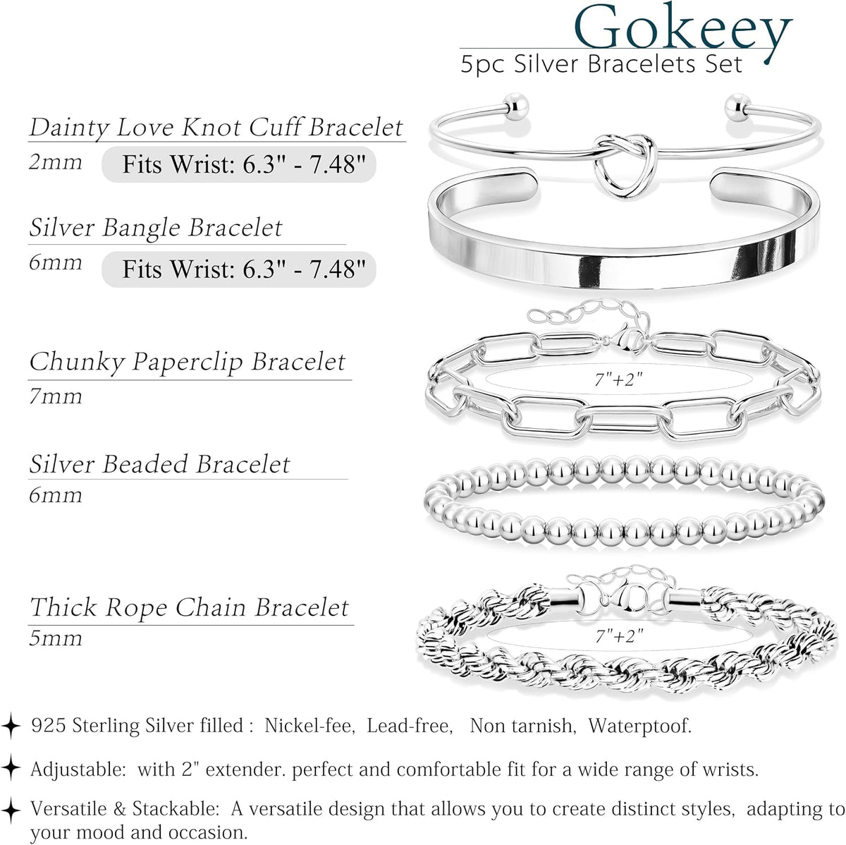 Gokeey Gold Bracelets Set for Women Non Tarnish, Waterproof 14K Gold Plated Sterling Silver Chunky Cuff Bracelet Stackable Gold Bangles Bracelet for Women Trendy Fashion Accessories Tie Knot Cuban Rope Paperclip Beaded Bracelet Stack Jewelry Mothers Day G
