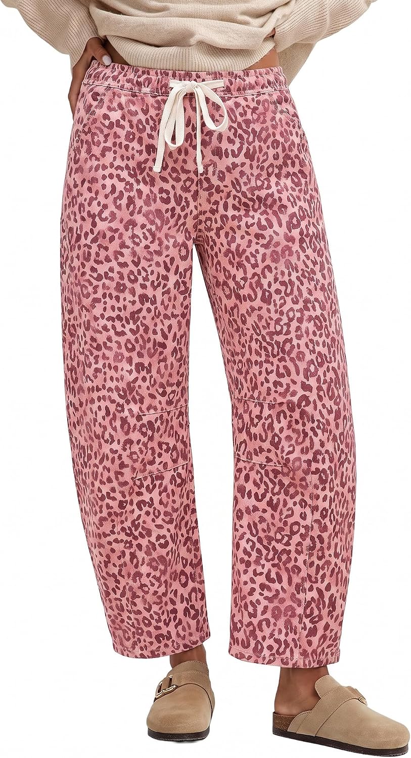 GRAPENT Barrel Jeans for Women Trendy High Waisted Pull On Wide Leg Cropped Leopard Cheetah Print Stretchy Denim Pants