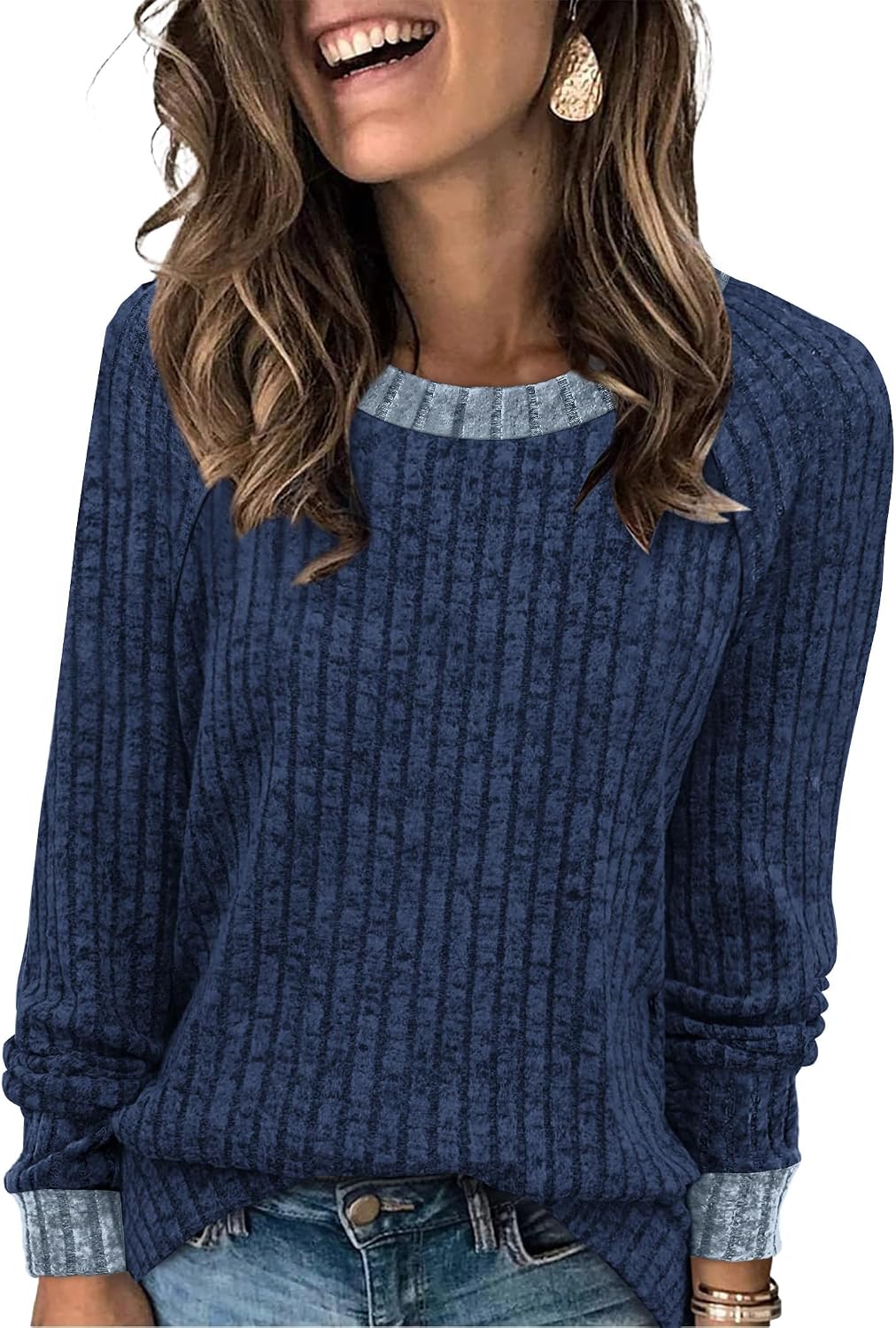 WIHOLL Long Sleeve Shirts for Women Lightweight Sweaters Fall Outfits 2026 Color Block Winter Clothing Dressy Casual Soft