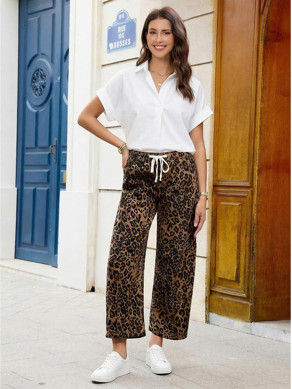 GRAPENT Barrel Jeans for Women Trendy High Waisted Pull On Wide Leg Cropped Leopard Cheetah Print Stretchy Denim Pants