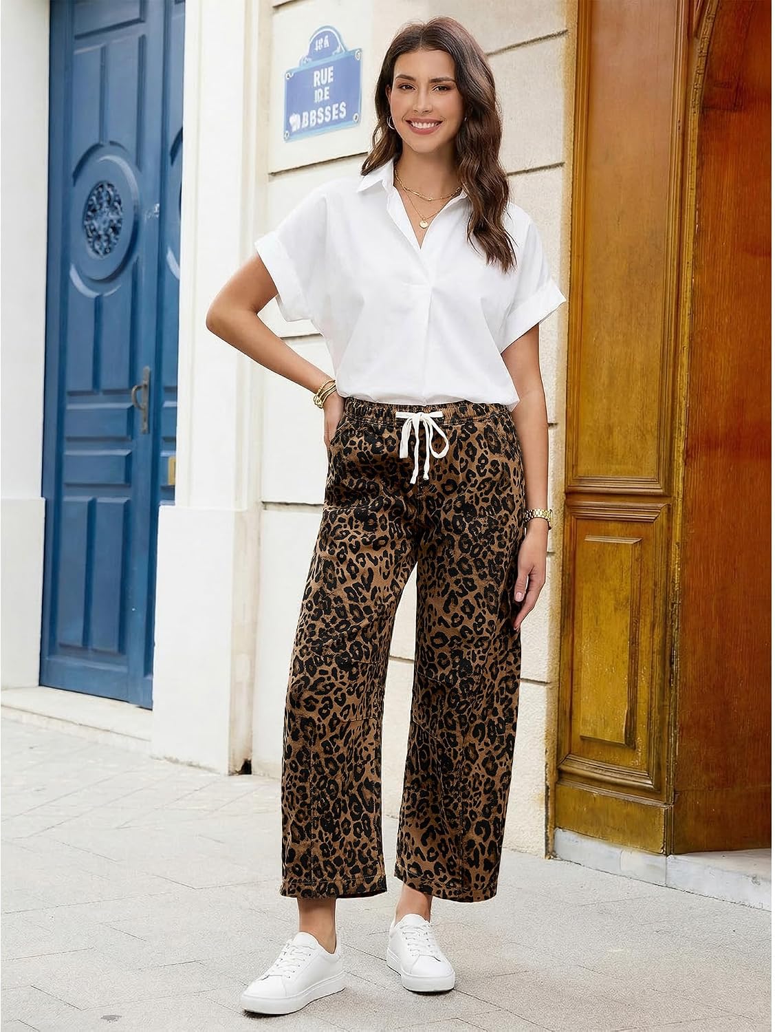 GRAPENT Barrel Jeans for Women Trendy High Waisted Pull On Wide Leg Cropped Leopard Cheetah Print Stretchy Denim Pants