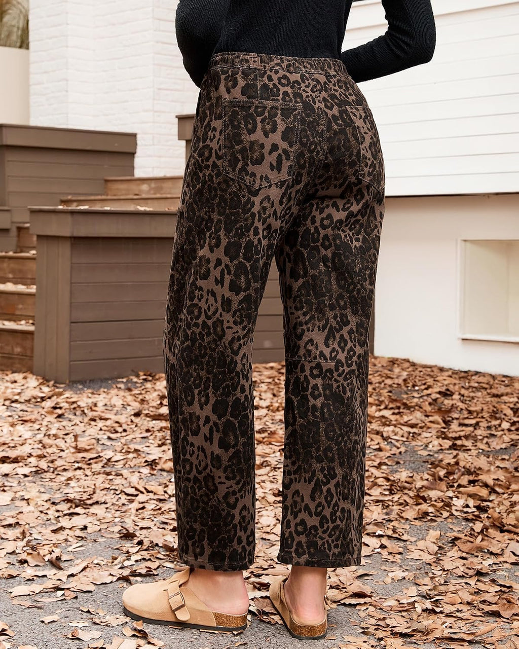GRAPENT Barrel Jeans for Women Trendy High Waisted Pull On Wide Leg Cropped Leopard Cheetah Print Stretchy Denim Pants