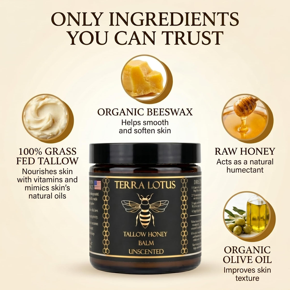 Terra Lotus - Organic Grass-Fed Beef Tallow Balm with Raw Honey - Moisturizing Cream - Handmade All-Natural Moisturizer (4 Oz, Unscented)