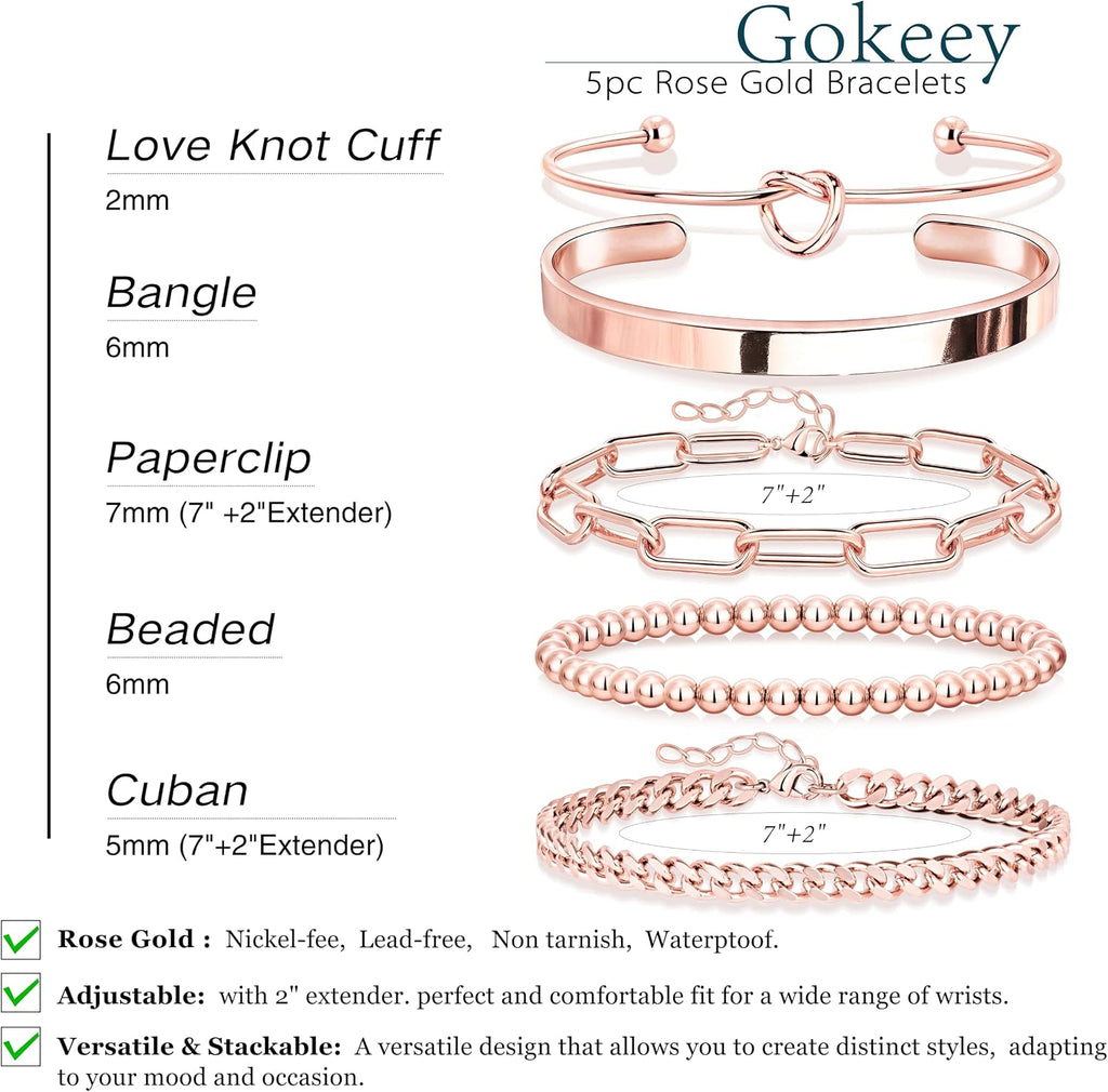 Gokeey Gold Bracelets Set for Women Non Tarnish, Waterproof 14K Gold Plated Sterling Silver Chunky Cuff Bracelet Stackable Gold Bangles Bracelet for Women Trendy Fashion Accessories Tie Knot Cuban Rope Paperclip Beaded Bracelet Stack Jewelry Mothers Day G
