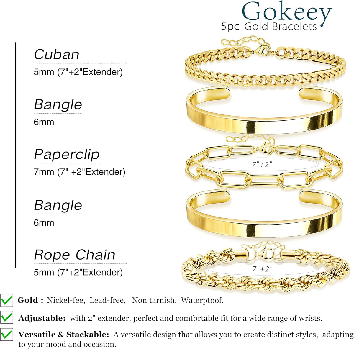 Gokeey Gold Bracelets Set for Women Non Tarnish, Waterproof 14K Gold Plated Sterling Silver Chunky Cuff Bracelet Stackable Gold Bangles Bracelet for Women Trendy Fashion Accessories Tie Knot Cuban Rope Paperclip Beaded Bracelet Stack Jewelry Mothers Day G