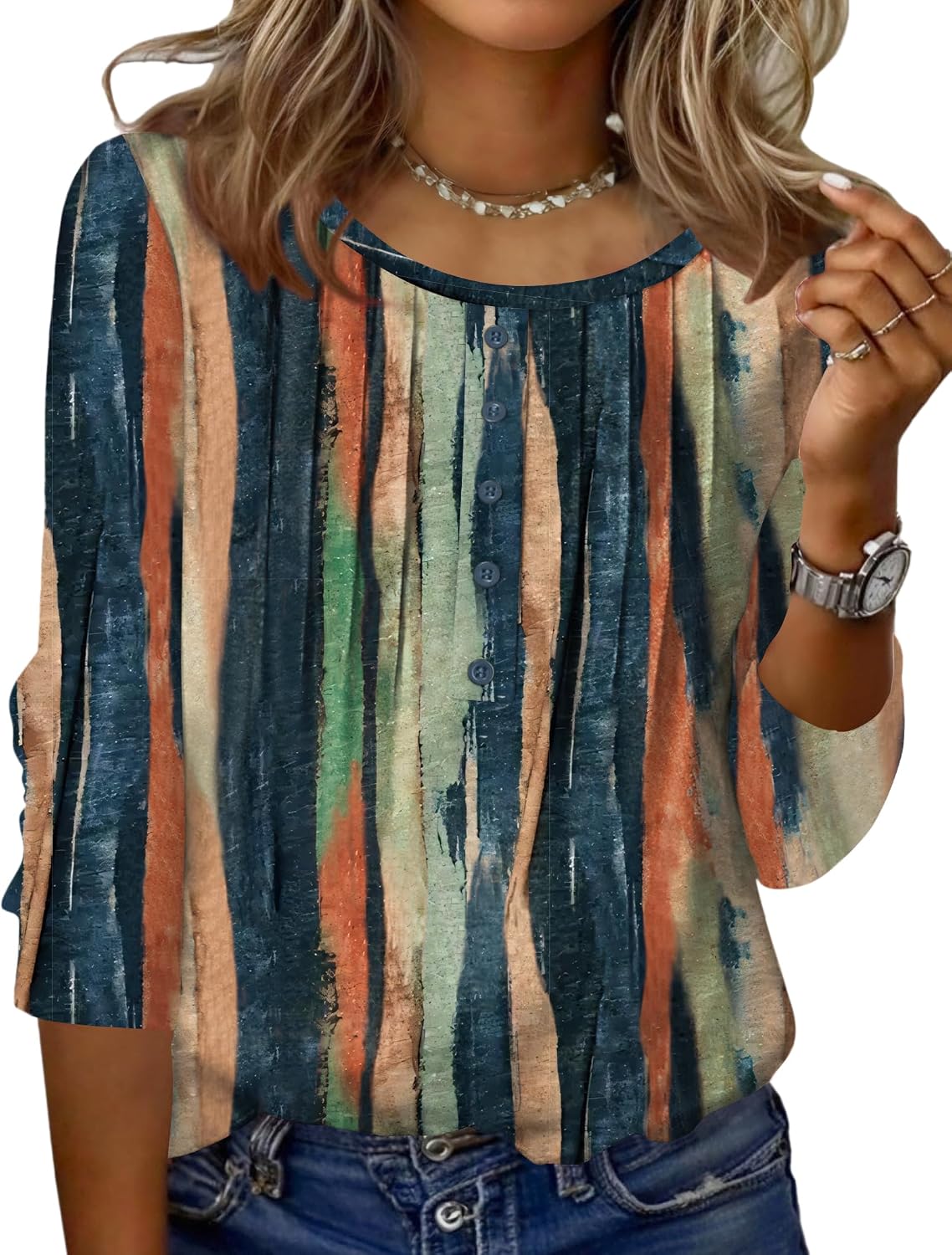 Zeagoo 3/4 Length Sleeve Womens Tops Round Neck Casual Summer Tunic Tops Basic Tees Blouses Dressy T-Shirts Pleated Shirts