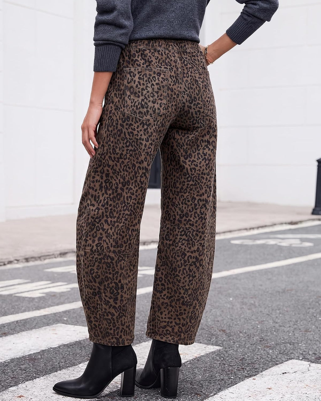 GRAPENT Barrel Jeans for Women Trendy High Waisted Pull On Wide Leg Cropped Leopard Cheetah Print Stretchy Denim Pants