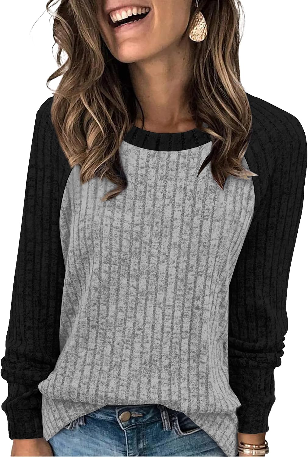 WIHOLL Long Sleeve Shirts for Women Lightweight Sweaters Fall Outfits 2026 Color Block Winter Clothing Dressy Casual Soft